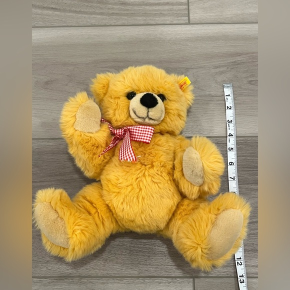 Steiff 12" Bobby Teddy Bear 013379 Golden Yellow Friend Red Bow Brass Button Tag - Picture 5 of 6